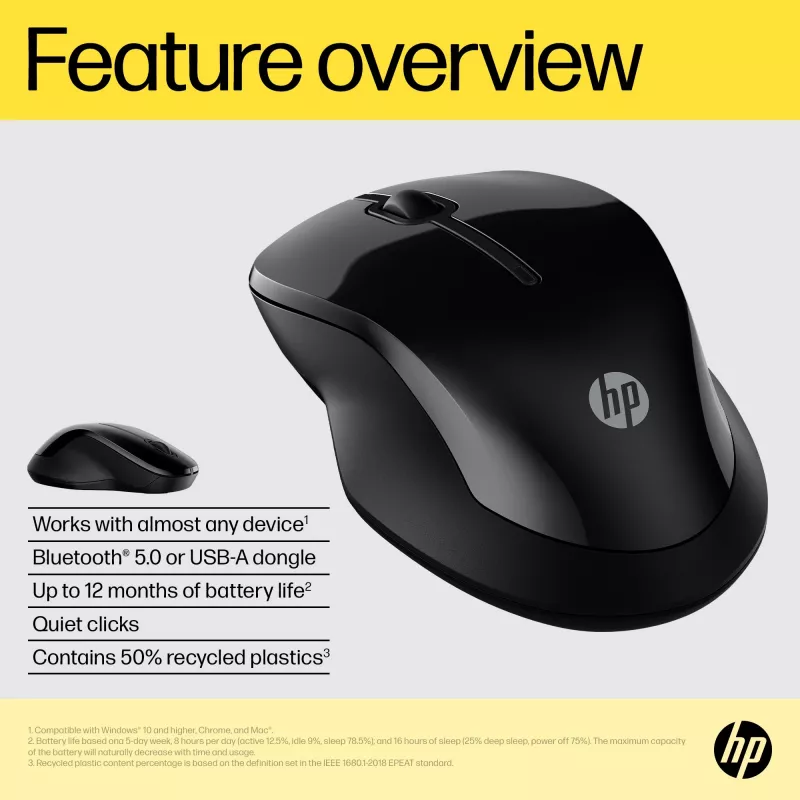 HP 250 Dual Mouse, ambidekstrs, Bluetooth + USB Type-A, 1600 DPI, melns