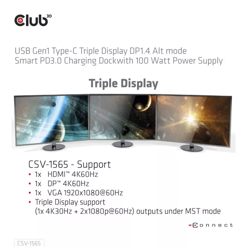 CLUB3D USB Gen1 Type-C Trīs Ekrānu DP1.4 Alt Mode Viedā PD3.0 Uzlādes Dokstacija ar 100 W Barošanas Bloku