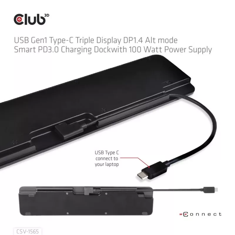 CLUB3D USB Gen1 Type-C Trīs Ekrānu DP1.4 Alt Mode Viedā PD3.0 Uzlādes Dokstacija ar 100 W Barošanas Bloku