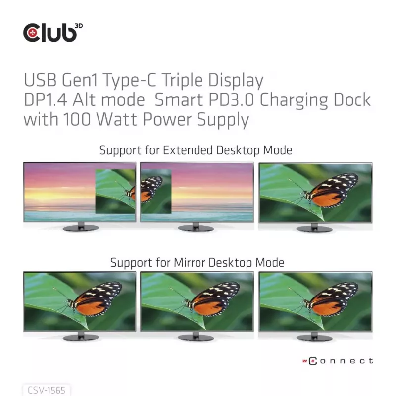 CLUB3D USB Gen1 Type-C Trīs Ekrānu DP1.4 Alt Mode Viedā PD3.0 Uzlādes Dokstacija ar 100 W Barošanas Bloku