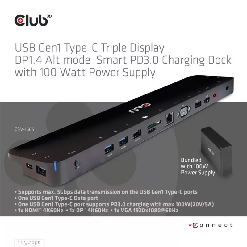 CLUB3D USB Gen1 Type-C Trīs Ekrānu DP1.4 Alt Mode Viedā PD3.0 Uzlādes Dokstacija ar 100 W Barošanas Bloku