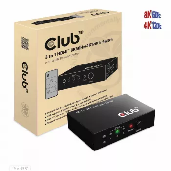 CLUB3D 3 uz 1 HDMI™ 8K60Hz/4K120Hz Slēdzis, 7680 x 4320 pikseļi, 8K Ultra HD, Melns