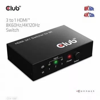 CLUB3D 3 uz 1 HDMI™ 8K60Hz/4K120Hz Slēdzis, 7680 x 4320 pikseļi, 8K Ultra HD, Melns