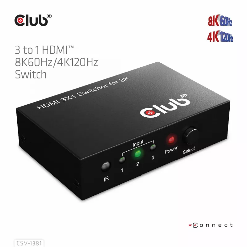 Club3D CSV-1381 HDMI slēdzis 3 uz 1, 8K60Hz/4K120Hz