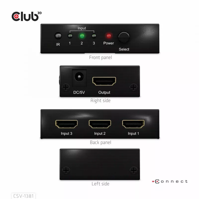 Club3D CSV-1381 HDMI slēdzis 3 uz 1, 8K60Hz/4K120Hz