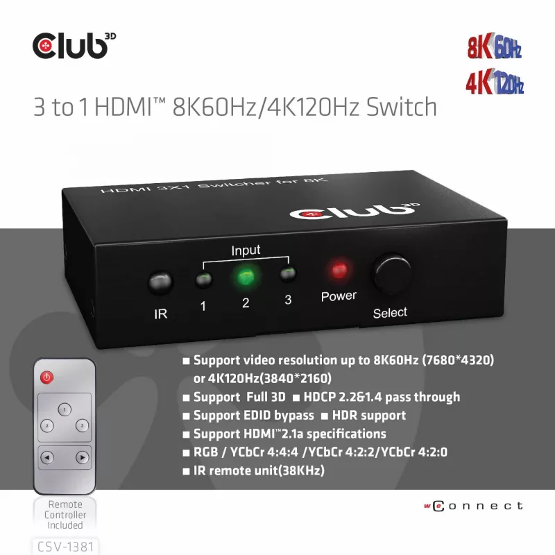 Club3D CSV-1381 HDMI slēdzis 3 uz 1, 8K60Hz/4K120Hz