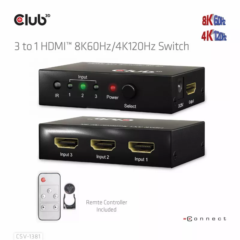 Club3D CSV-1381 HDMI slēdzis 3 uz 1, 8K60Hz/4K120Hz