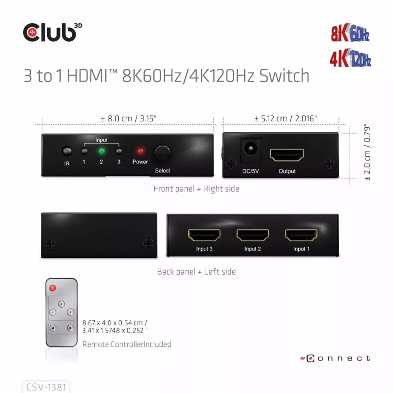 Club3D CSV-1381 HDMI slēdzis 3 uz 1, 8K60Hz/4K120Hz