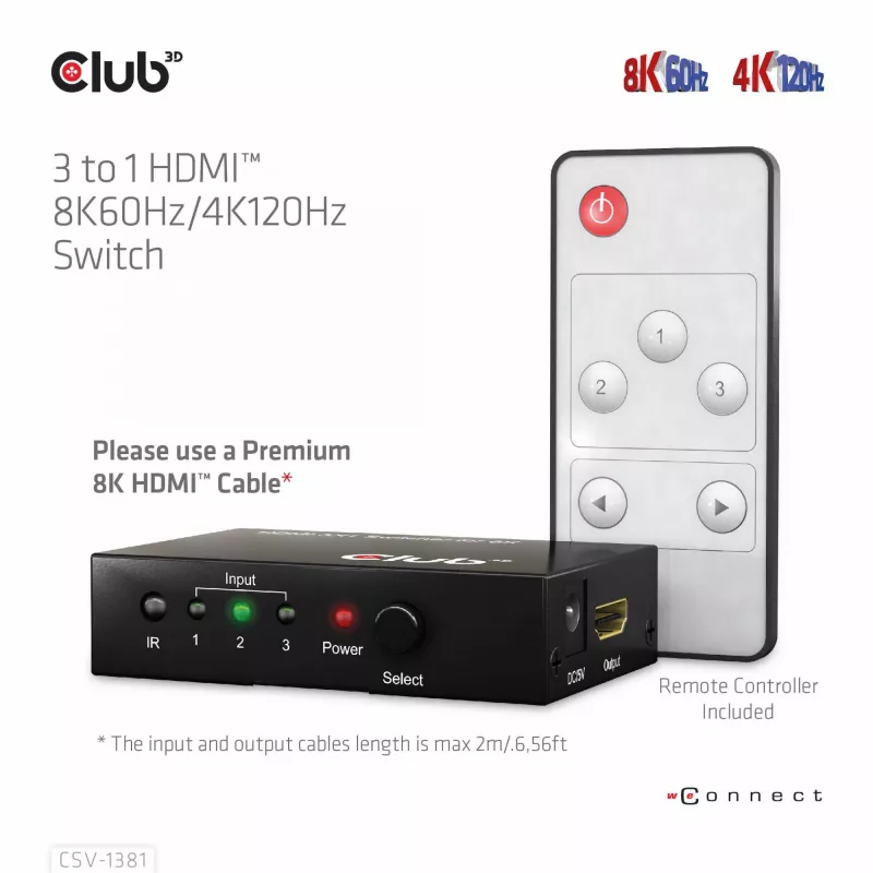 Club3D CSV-1381 HDMI slēdzis 3 uz 1, 8K60Hz/4K120Hz
