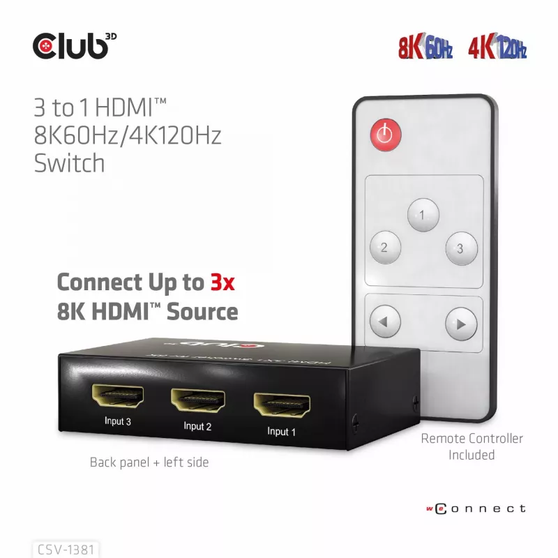 Club3D CSV-1381 HDMI slēdzis 3 uz 1, 8K60Hz/4K120Hz