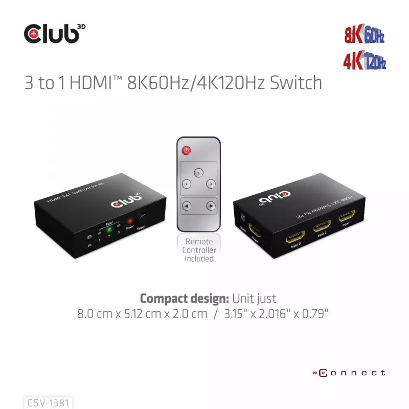 Club3D CSV-1381 HDMI slēdzis 3 uz 1, 8K60Hz/4K120Hz