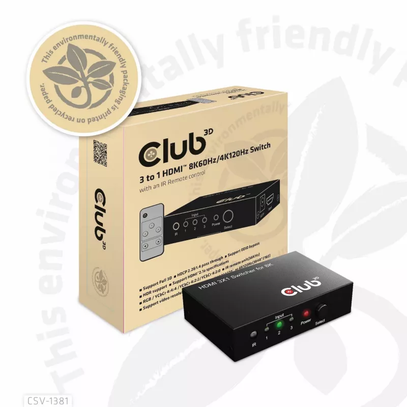 Club3D CSV-1381 HDMI slēdzis 3 uz 1, 8K60Hz/4K120Hz