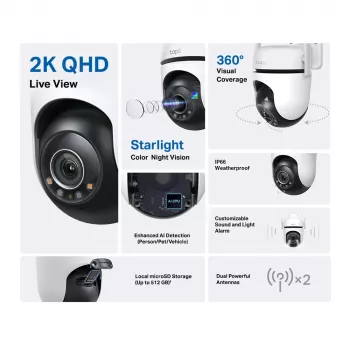 TP-Link Tapo C520WS āra pagriežamā Wi-Fi drošības kamera, 2K QHD, IP66, melna/balta