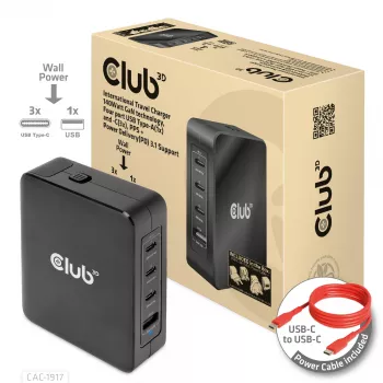 CLUB3D Starptautiskais Ceļojumu Lādētājs 140W GaN, četri porti USB Type-A (1x) un -C (3x), PPS + Power Delivery (PD) 3.1 atbalsts