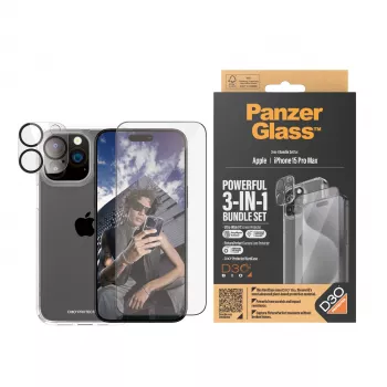 PanzerGlass ® 3-in-1 komplekts iPhone 15 Pro Max, Apple, Apple - iPhone 15 Pro Max, Sausā uzklāšana, Triecienizturīgs, Caurspīdīgs, 1 gab.