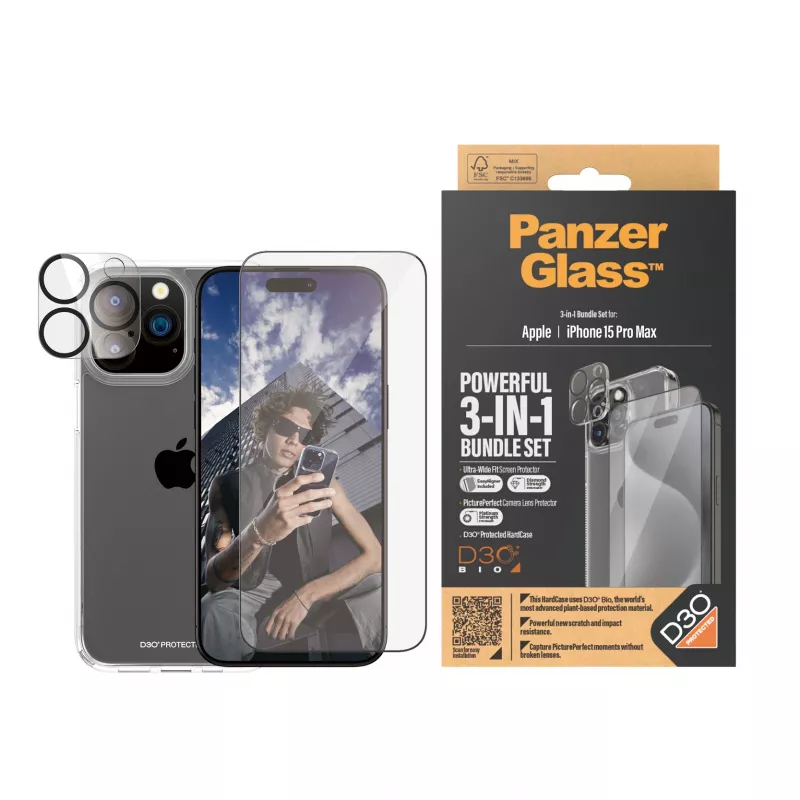 PanzerGlass ® 3-in-1 komplekts iPhone 15 Pro Max, Apple, Apple - iPhone 15 Pro Max, Sausā uzklāšana, Triecienizturīgs, Caurspīdīgs, 1 gab.