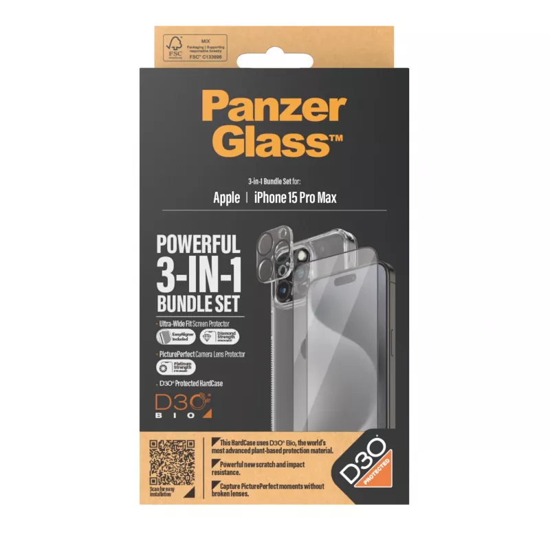 PanzerGlass ® 3-in-1 komplekts iPhone 15 Pro Max, Apple, Apple - iPhone 15 Pro Max, Sausā uzklāšana, Triecienizturīgs, Caurspīdīgs, 1 gab.
