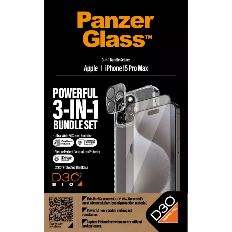 PanzerGlass ® 3-in-1 komplekts iPhone 15 Pro Max, Apple, Apple - iPhone 15 Pro Max, Sausā uzklāšana, Triecienizturīgs, Caurspīdīgs, 1 gab.