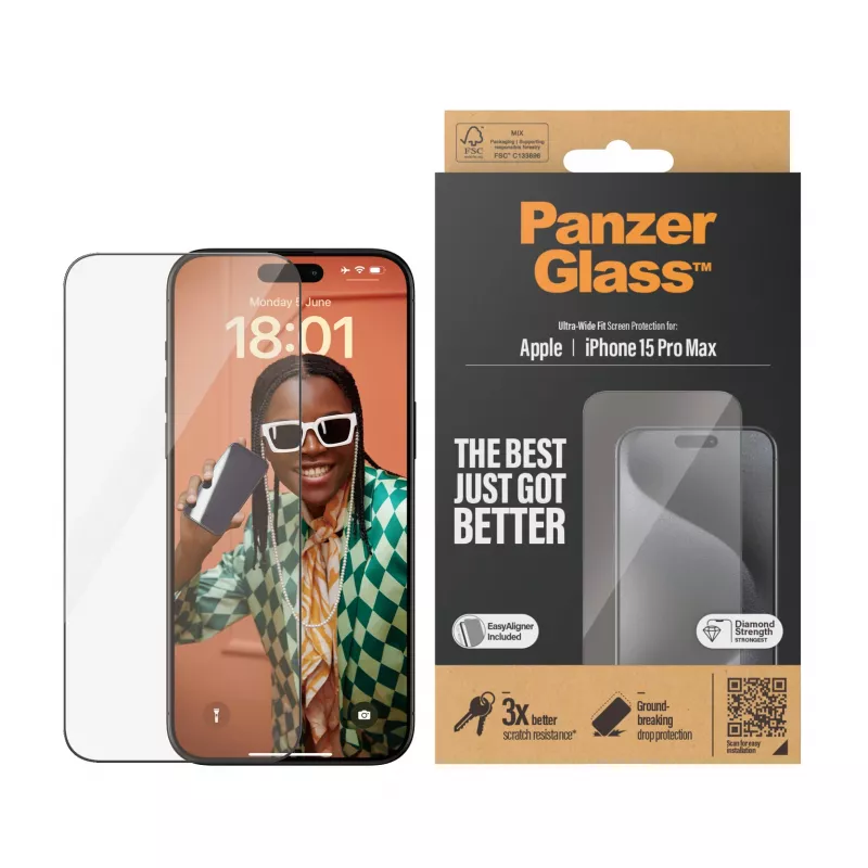 PanzerGlass® Ekrāna aizsargs iPhone 15 Pro Max | Ultra-Wide Fit ar EasyAligner