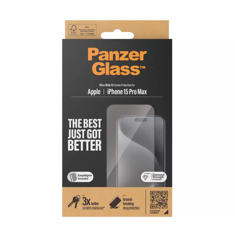 PanzerGlass® Ekrāna aizsargs iPhone 15 Pro Max | Ultra-Wide Fit ar EasyAligner