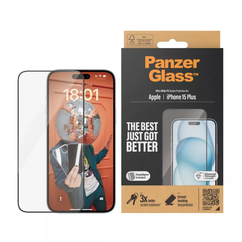 PanzerGlass® Ekrāna aizsargs iPhone 15 Plus | Ultra-Wide Fit ar EasyAligner