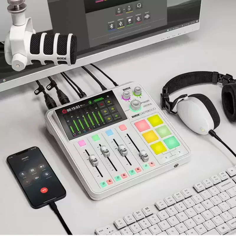Audio interfeiss Rode RØDECaster Duo balts — 2 kanālu USB podkāstu konsole ar mikseri un priekšpastiprinātājiem