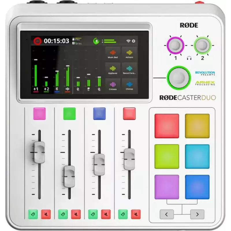 Audio interfeiss Rode RØDECaster Duo balts — 2 kanālu USB podkāstu konsole ar mikseri un priekšpastiprinātājiem