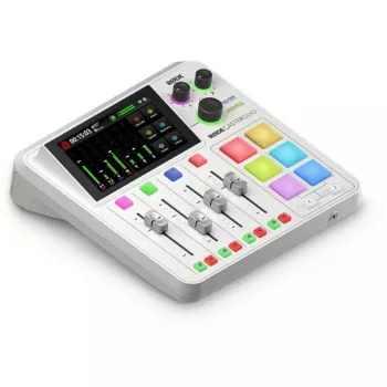 Audio interfeiss Rode RØDECaster Duo balts — 2 kanālu USB podkāstu konsole ar mikseri un priekšpastiprinātājiem