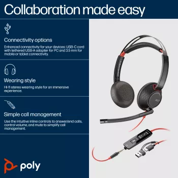 HP Poly Blackwire 5220 Stereo USB-C austiņas ar 3,5 mm ligzdu un USB-C/A adapteri