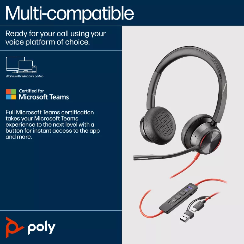 HP Poly Blackwire 8225 Stereo Microsoft Teams sertificētas austiņas ar USB-C un USB-C/A adapteri