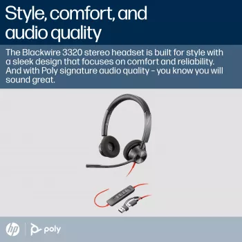 HP Poly Blackwire 3320 Stereo Microsoft Teams sertificētas USB-C austiņas + USB-C/A adapteris