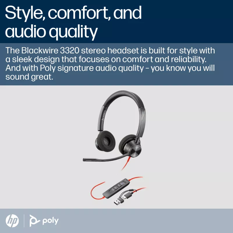 HP Poly Blackwire 3320 Stereo Microsoft Teams sertificētas USB-C austiņas + USB-C/A adapteris