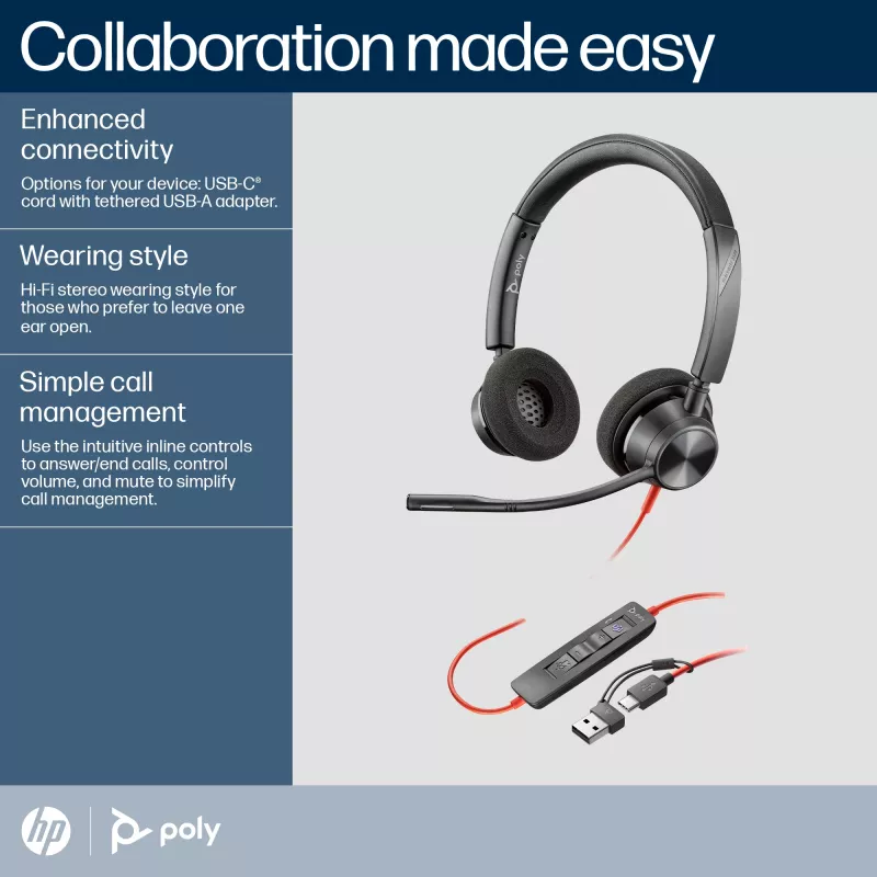HP Poly Blackwire 3320 Stereo Microsoft Teams sertificētas USB-C austiņas + USB-C/A adapteris