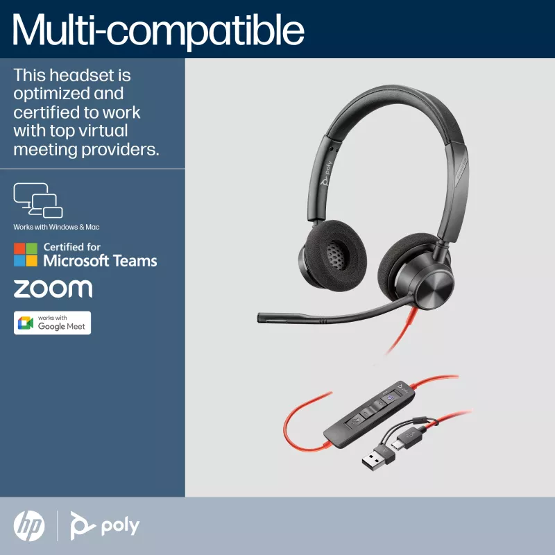 HP Poly Blackwire 3320 Stereo Microsoft Teams sertificētas USB-C austiņas + USB-C/A adapteris