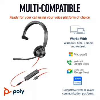 HP Poly Blackwire 3315 Monauralā austiņa ar USB-C un 3.5 mm ligzdu, komplektā USB-C/A adapteris