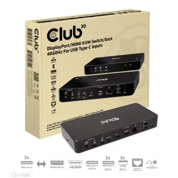 CLUB3D DisplayPort/HDMI KVM Slēdzis/Doks 4K60Hz USB Type-C ieejām