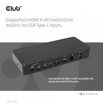 CLUB3D DisplayPort/HDMI KVM Slēdzis/Doks 4K60Hz USB Type-C ieejām