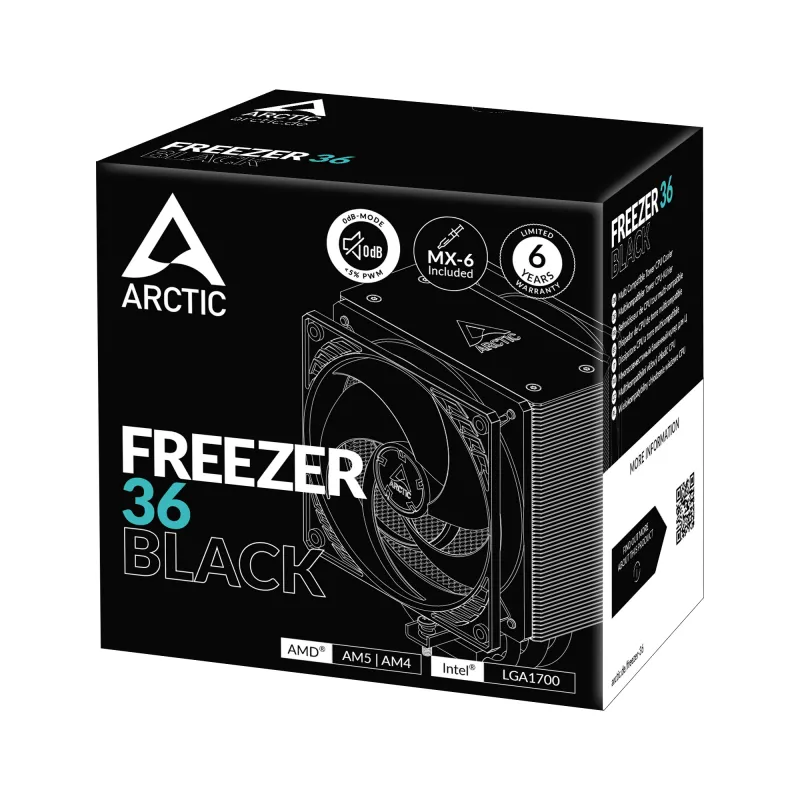 ARCTIC Freezer 36 (Melns) daudzkompatibils torņa CPU dzesētājs, gaisa dzesētājs, 12 cm, 200 RPM, 1800 RPM, melns