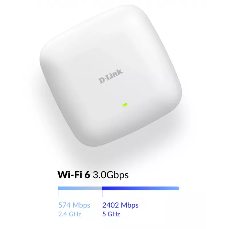 D-Link AX3000 Wi-Fi 6 divjoslu PoE piekļuves punkts, 2.4 GHz, 5 GHz, 3000 Mbit/s, SNMP, SNMPv2, SNMPv3, WEP, WPA, WPA2, WPA3, 10/100/1000/2500 Mbit/s