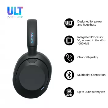 Austiņas Sony ULT WEAR vienpusējas USB/Bluetooth 5.2, ANC, 30–50 h akumulators, 3,5 mm, USB‑C uzlāde, 255 g