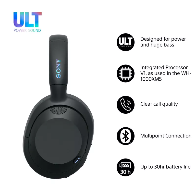 Austiņas Sony ULT WEAR vienpusējas USB/Bluetooth 5.2, ANC, 30–50 h akumulators, 3,5 mm, USB‑C uzlāde, 255 g