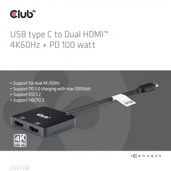 CLUB3D USB-C Hubs uz Diviem HDMI™ 4K60Hz M/F+PD3.0 100W