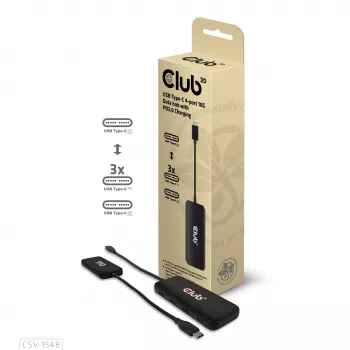 CLUB3D USB Type-C 4-portu 10G datu centrmezgls ar PD3.0 uzlādi, vads, USB 3.2 Gen 1 (3.1 Gen 1) Type-C, 100 W, melns, 10 Gbit/s, USB