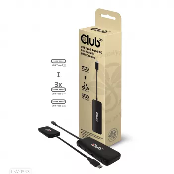 CLUB3D USB Type-C 4-portu 10G datu centrmezgls ar PD3.0 uzlādi, vads, USB 3.2 Gen 1 (3.1 Gen 1) Type-C, 100 W, melns, 10 Gbit/s, USB