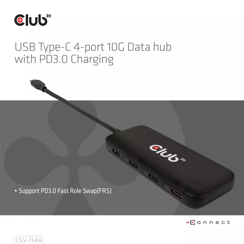 CLUB3D USB Type-C 4-portu 10G datu centrmezgls ar PD3.0 uzlādi, vads, USB 3.2 Gen 1 (3.1 Gen 1) Type-C, 100 W, melns, 10 Gbit/s, USB
