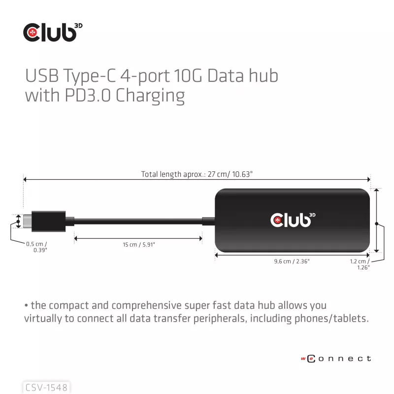 CLUB3D USB Type-C 4-portu 10G datu centrmezgls ar PD3.0 uzlādi, vads, USB 3.2 Gen 1 (3.1 Gen 1) Type-C, 100 W, melns, 10 Gbit/s, USB