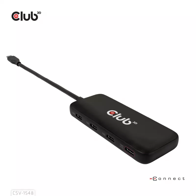 CLUB3D USB Type-C 4-portu 10G datu centrmezgls ar PD3.0 uzlādi, vads, USB 3.2 Gen 1 (3.1 Gen 1) Type-C, 100 W, melns, 10 Gbit/s, USB