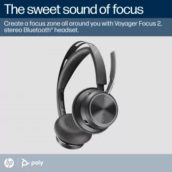 HP Poly Voyager Focus 2 Microsoft Teams sertificētas Bluetooth austiņas ar USB-C-C adapteri un uzlādes statīvu