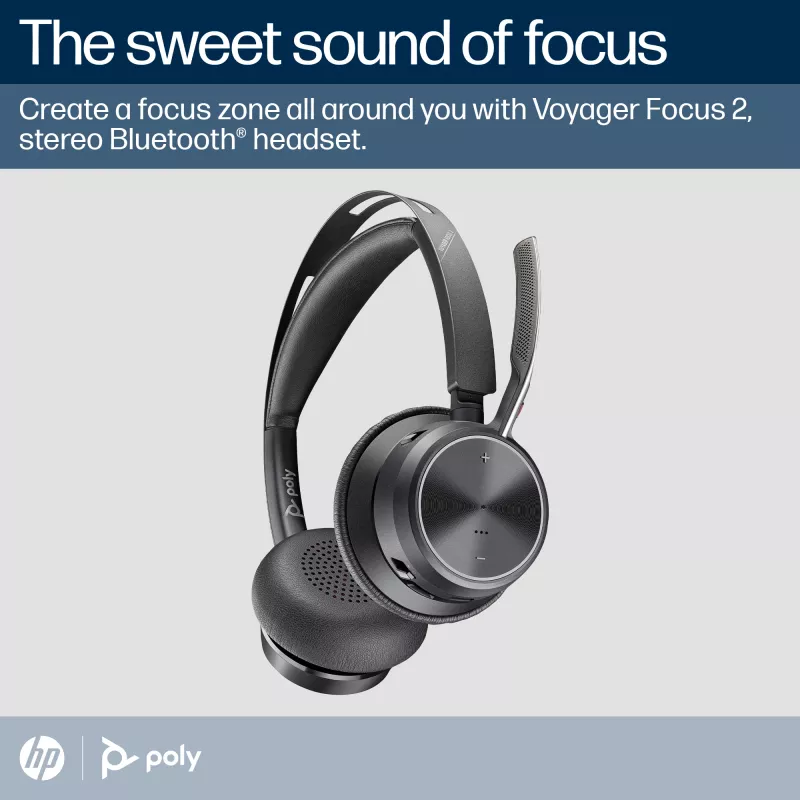 HP Poly Voyager Focus 2 Microsoft Teams sertificētas Bluetooth austiņas ar USB-C-C adapteri un uzlādes statīvu