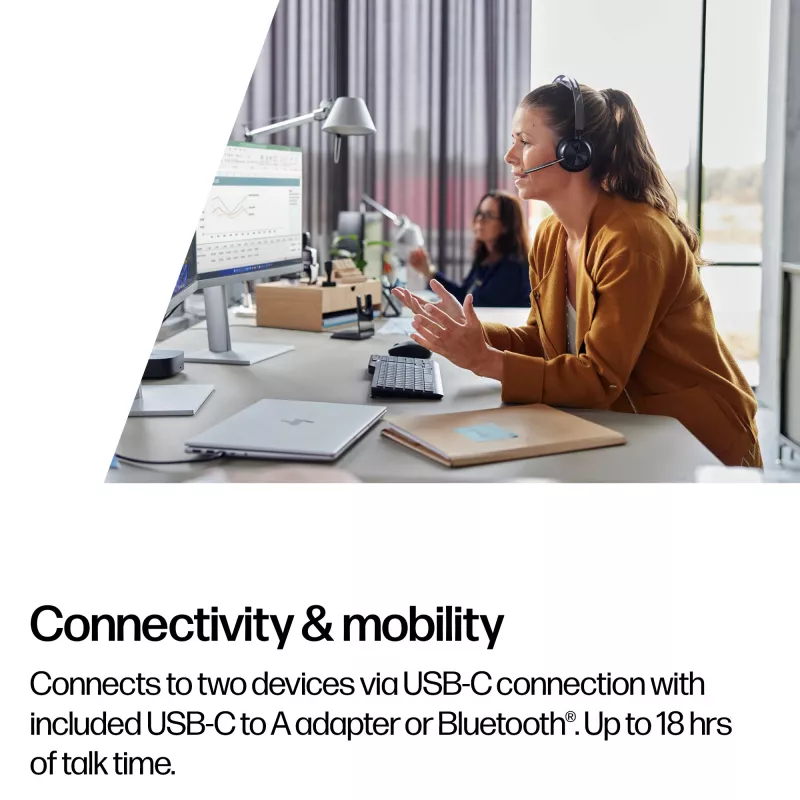 HP Poly Voyager Focus 2 Microsoft Teams sertificētas Bluetooth austiņas ar USB-C-C adapteri un uzlādes statīvu